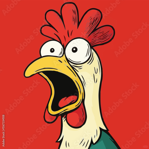 Print Screaming Cartoon Rooster Head on Red Background