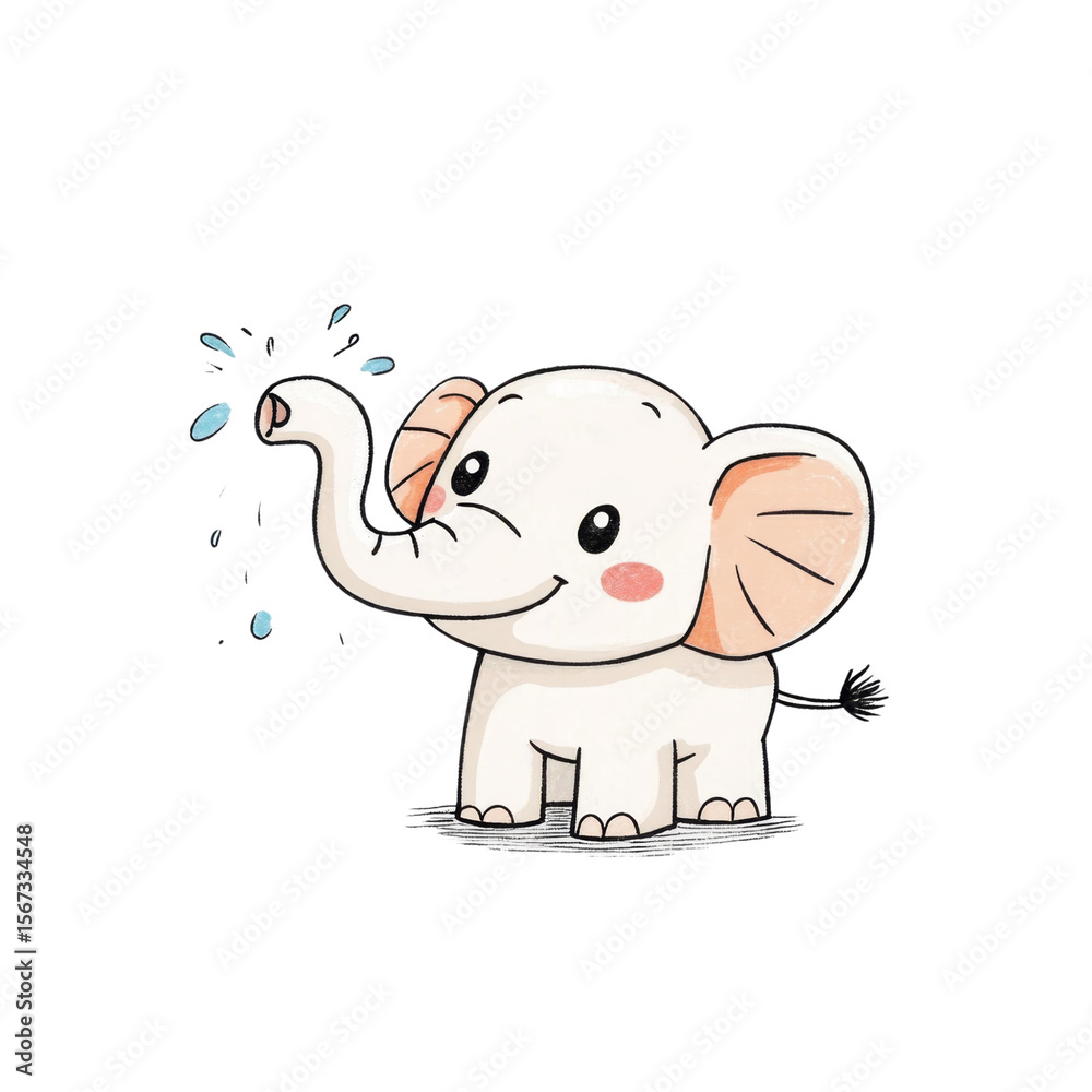 Fototapeta premium Cute cartoon elephant spraying water with its trunk, bringing joy and playfulness