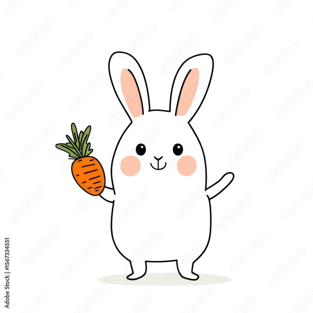 Cheerful bunny holding carrot, outlined in black, brings joy and playfulness Cheerful bunny holding carrot, outlined in black, brings joy and playfulness