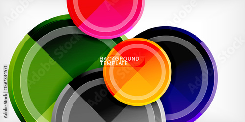 Abstract colorful circles overlap, creating dynamic visual effect. Bright hues contrast against dark background. Modern design element.