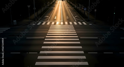 Urban Road Perspective With Zebra Crossing And Sun Light Streaks at Dusk