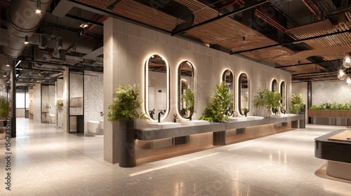 Modern public restroom with oval mirrors, plants, and industrial ceiling details