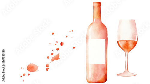 Watercolor drawing of wine bottle and glass with splashes, evoking sense of elegance