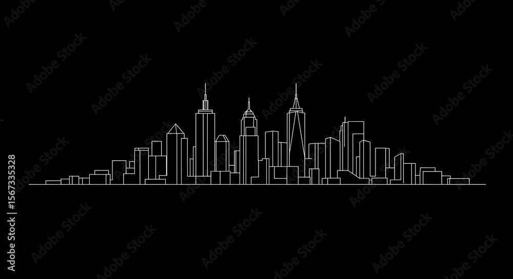 Fototapeta premium Minimalist Line Art City Skyline on Black Background