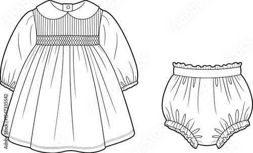 Baby girl dress and diaper cover fashion sketch, cute toddler outfit design, baby clothing template, kids wear front view drawing flat vector illustration