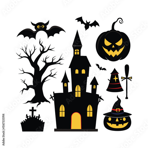 halloween silhouette design elements set for spooky creations