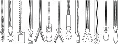 Collection of different zipper types, zipper pull designs, metal and plastic teeth, clothing accessory outline vector, fashion detail clip art set flat vector illustration