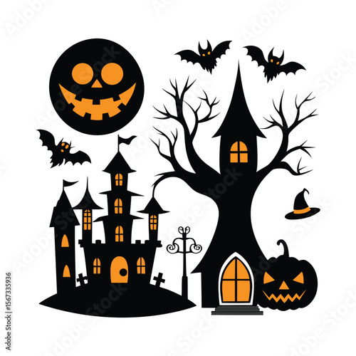 halloween silhouette design elements set for spooky creations