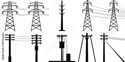 Electric power poles and transmission tower silhouettes, energy grid infrastructure vector, utility line illustration, high voltage structure black icons set flat vector illustration