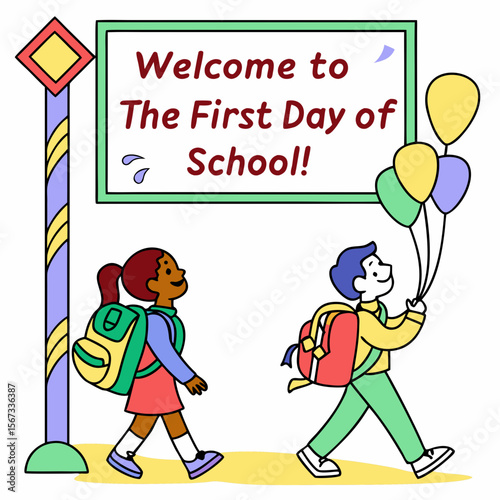 Children Walking to School on the First Day with Balloons and Backpacks