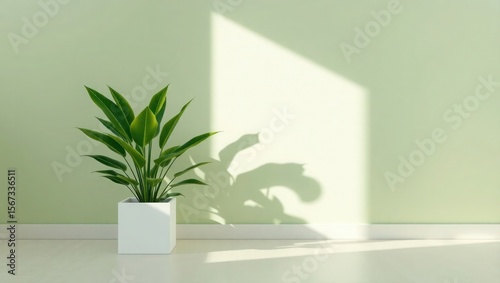 A vibrant green plant thrives in a sunlit corner, casting a distinct shadow against a pale green wall.