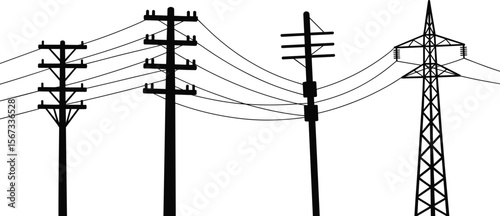 Electric utility pole silhouettes, power line vector set, black transmission tower illustration, electricity infrastructure icons, industrial energy cable design art flat vector illustration