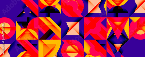 Abstract geometric pattern. Vivid colors, shapes overlap creating dynamic visual texture. Orange, red, purple dominate composition.