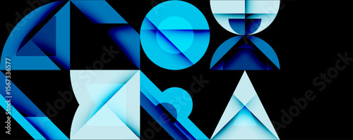 Abstract geometric shapes, blue gradients, modern design. Composition features triangles, circles, squares, hourglass form. Minimalist aesthetic.