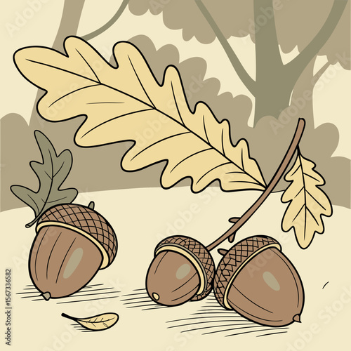 Illustration of Oak Leaves and Acorns in Autumnal Colors with Forest Background