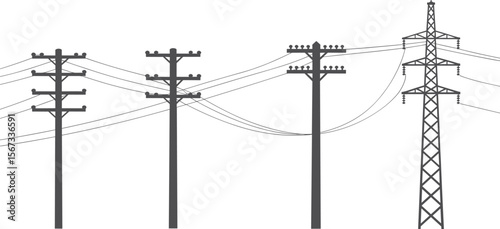 Electric utility pole vector, transmission line silhouettes, power grid illustration, energy tower drawing, high voltage cables, black infrastructure icon set flat vector illustration