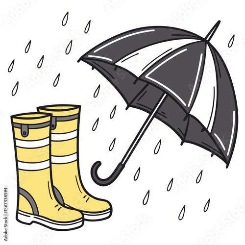 Rainy Day Illustration Black and White Umbrella with Yellow Rain Boots