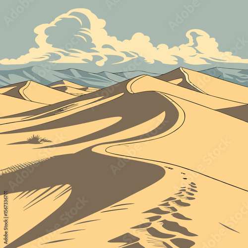 Serene Desert Landscape with Rolling Dunes and Distant Mountains Under Cloudy Sky