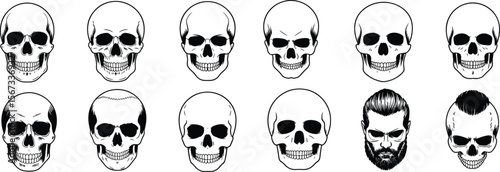 Hand drawn human skulls, vector skull illustrations, detailed skull design, vintage skull art, gothic tattoo style, bearded man skull flat vector illustration