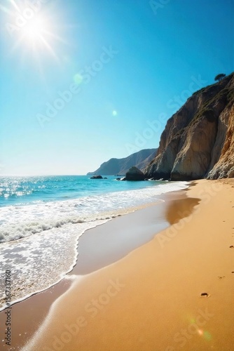 Sun-drenched Malibu beach scene Golden sand, sparkling ocean waves, clear blue sky Perfect summer day vibes Ideal for travel, vacation, or coastal lifestyle imagery , sea, sand
