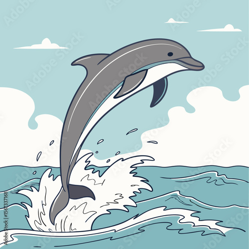 Cartoon Dolphin Leaping from Ocean Waves Under a Cloudy Sky