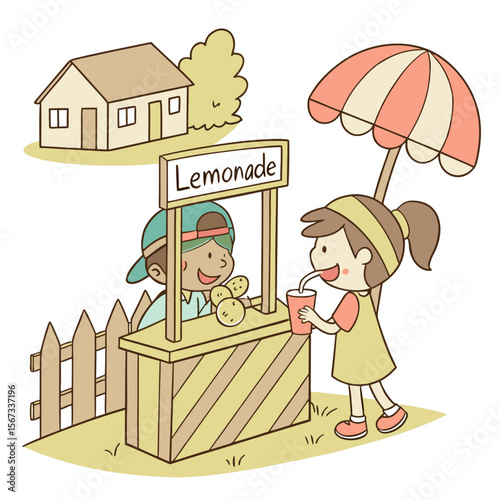 Cartoon Illustration of Children at a Lemonade Stand on a Sunny Day