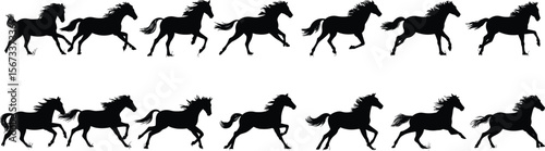 Running horse silhouettes, galloping horse vector, black horse movement design, wild horse icon set, equine motion illustration, animal silhouette graphic flat vector illustration