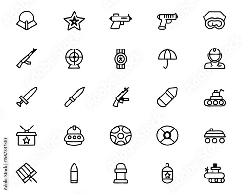 Comprehensive collection of military hardware symbols featuring tanks aircraft and naval vessels rendered in a clean modern graphic style with distinct color accents for clarity and visual appeal