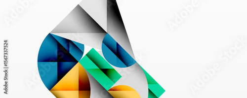 Abstract geometric composition. Shapes overlap, creating dynamic visual effect. Colors include blue, green, orange, gray. Minimalist design.