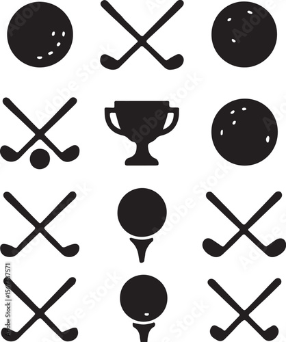 Golf Icons Golf Balls, Clubs, and Trophy Silhouettes