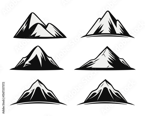 Comprehensive collection of diverse mountain peaks and summit designs presented in a versatile graphic element assortment for creative projects