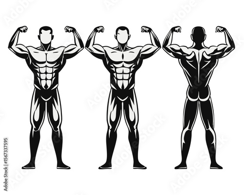 Powerful muscular bodybuilder silhouette with dynamic posing showcasing strength and athletic physique in a bold graphic design