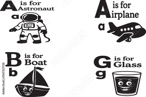 English alphabet with appropriate image for kids learning.
