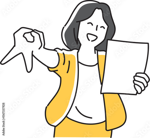 書類を片手にピースする笑顔の女性
