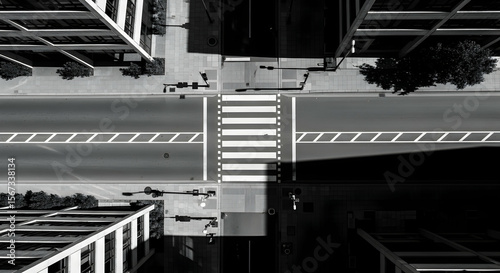 Monochrome Aerial View Of City Intersection With Pedestrian Crossing
