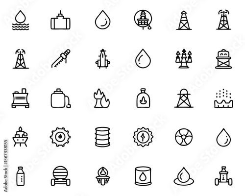 Comprehensive collection of industrial energy symbols featuring oil drilling rigs gas pipelines refineries and fuel station elements for modern design applications