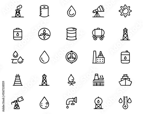 Comprehensive collection of industrial energy symbols featuring refined fuel extraction and petroleum processing elements for clear visual communication and industry representation