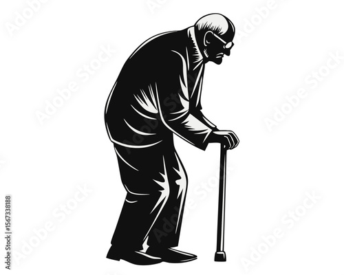 A striking black silhouette of an elderly gentleman is presented against a clean bright white backdrop offering a versatile graphic element for various creative applications
