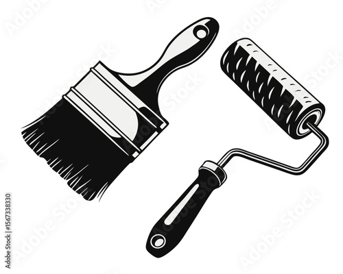 Collection of artistic tools for creative endeavors featuring a painter s brush roller and palette rendered in a vibrant cmyk color scheme for versatile application
