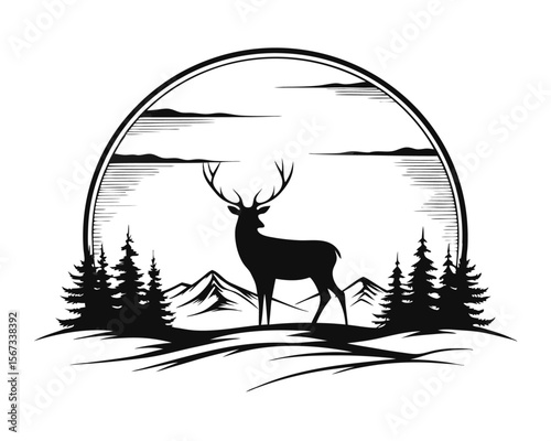 Artistic depiction of a majestic reindeer standing in a serene natural landscape under a twilight sky rendered with bold color contrasts and clean graphic lines