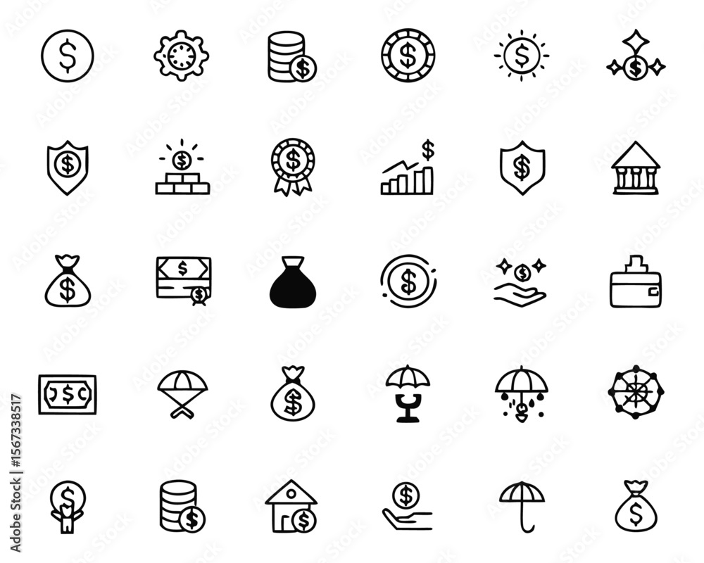 Fototapeta premium Comprehensive collection of modern minimalist financial symbols and icons perfect for digital platforms and presentations all easily editable