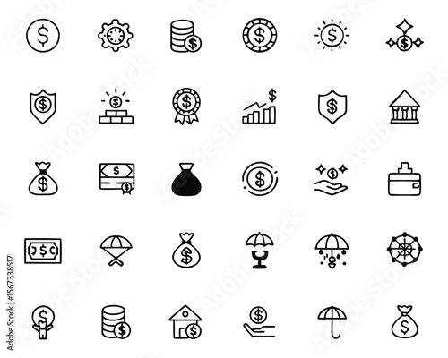Comprehensive collection of modern minimalist financial symbols and icons perfect for digital platforms and presentations all easily editable