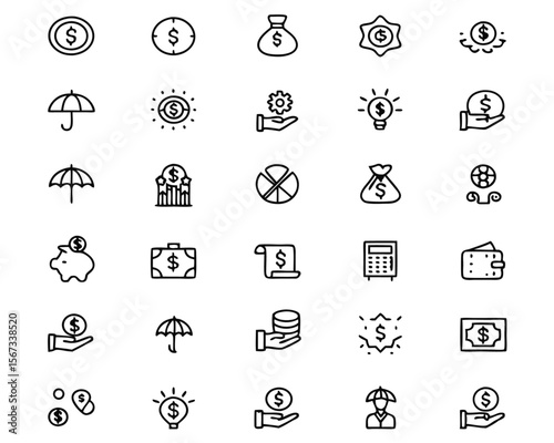 Comprehensive collection of essential personal finance symbols presented in a clean modern thin line style perfect for digital applications and financial planning resources