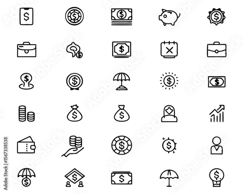 Comprehensive collection of thin line icons representing various personal finance concepts suitable for digital and print applications easily editable for customization