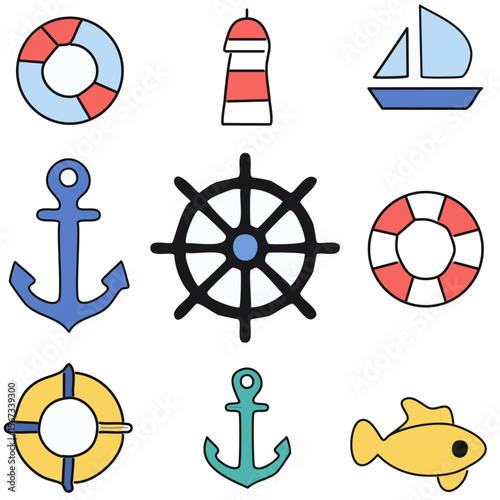 Nautical Vector Icon Collection – Ship, Anchor, Compass, Lighthouse, Dolphin, Sailboat, Fish, Wheel, and Life Preserver Set

