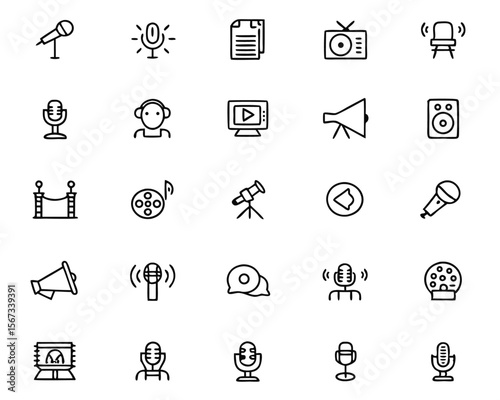 Comprehensive collection of audio broadcasting symbols featuring a classic microphone a vintage radio receiver and a modern webcam for digital communication and media creation