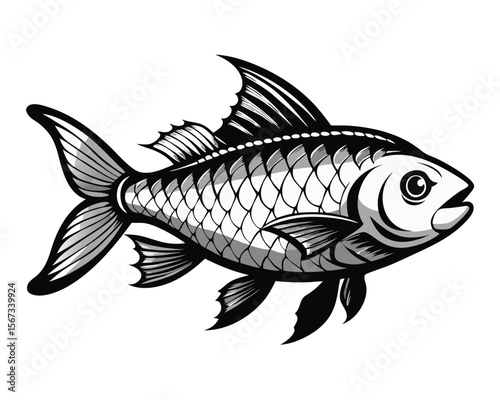 Detailed monochrome hand drawn illustration of a roach fish showcasing intricate linework and a classic artistic aesthetic suitable for various design applications