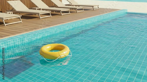 Serene Turquoise Pool with Floating Yellow Life Preserver and Tan Lounge Chairs on Deck