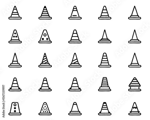 Striking thin line flat illustration of a bright orange traffic safety cone symbolizing construction caution and roadwork presented as a clean graphic element