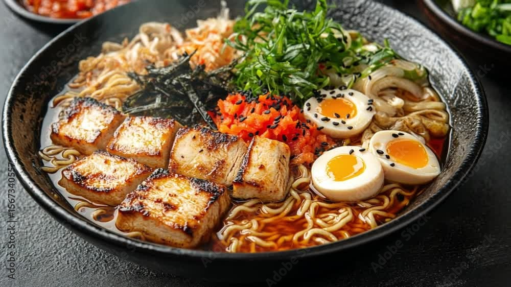 Delicious Spicy Ramen Bowl with Tofu, Soft Boiled Eggs, and Various Toppings
